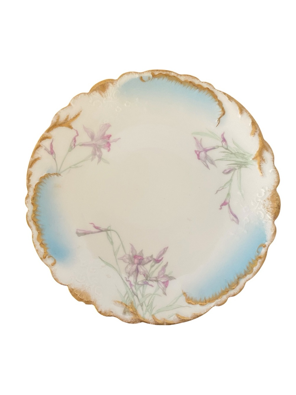 Limoges Porcelain Dinner Plate with Blue Ombre, Pink Floral & Gold Trim. France